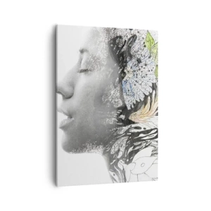Obraz na płótnie - Profil kobiety w artystycznym kolażu z motywami natury i abstrakcji - 50x70cm - Zanurzona w naturze - Nowoczesna dekoracja ścienna do salonu, kuchni i sypialni ARTTOR