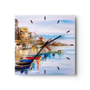 Zegar ścienny - Kolorowe łodzie przy brzegu z widokiem na miejską panoramę - 30x30cm - Wielobarwna miejska przystań - Nowoczesna dekoracja ścienna do salonu i sypialni ARTTOR