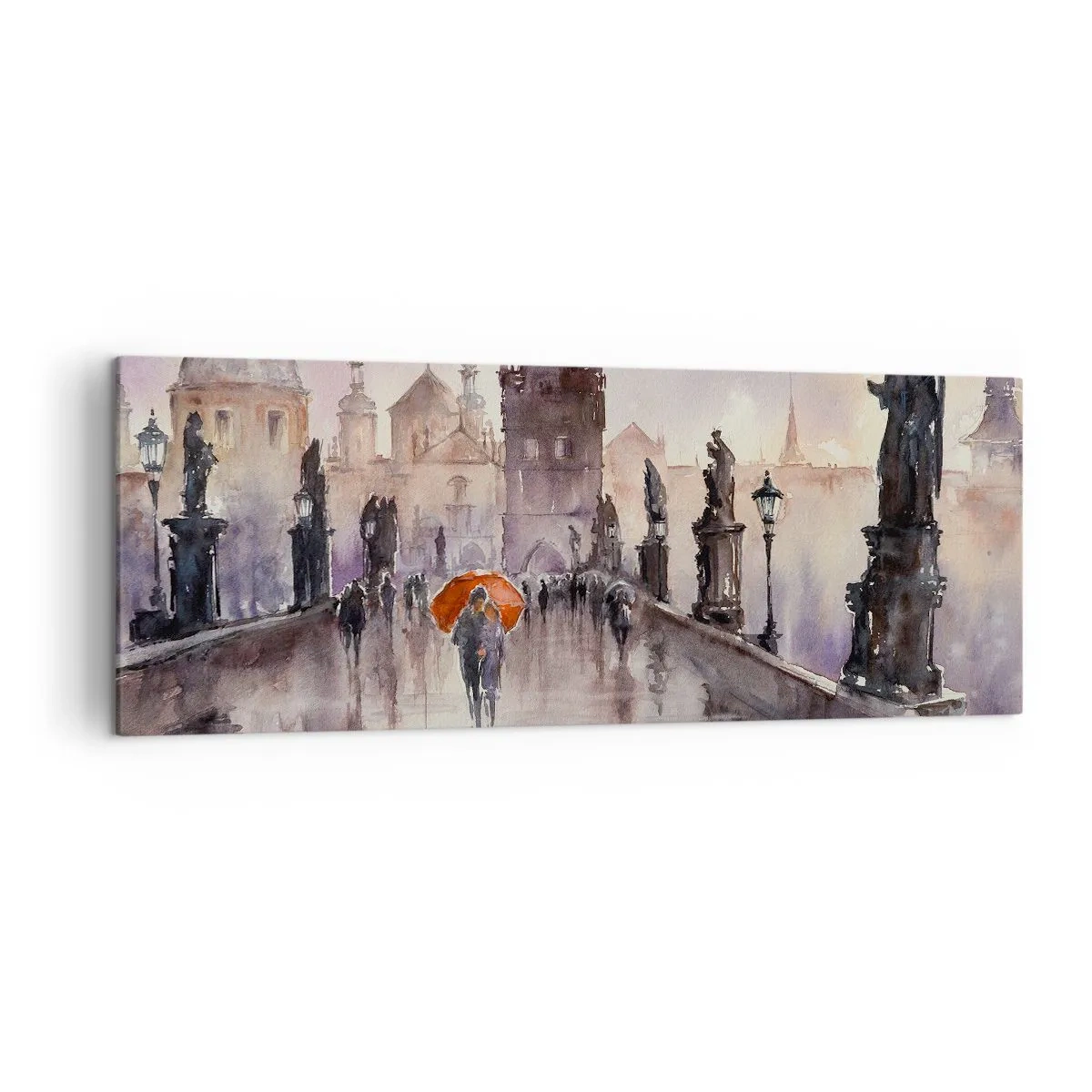 Obraz na płótnie - Romantyczny widok mostu z parasolem na tle wieczornego miasta - 140x50cm - Ludzie się nie zmieniają - Nowoczesna dekoracja ścienna do salonu i sypialni ARTTOR