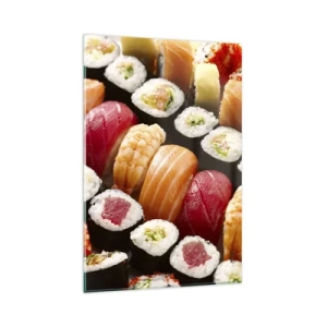 Obraz na szkle - Kolorowe sushi ułożone w rzędy z różnorodnymi dodatkami - 80x120cm - Barwy i smaki Azji - Nowoczesna dekoracja ścienna do salonu i sypialni ARTTOR