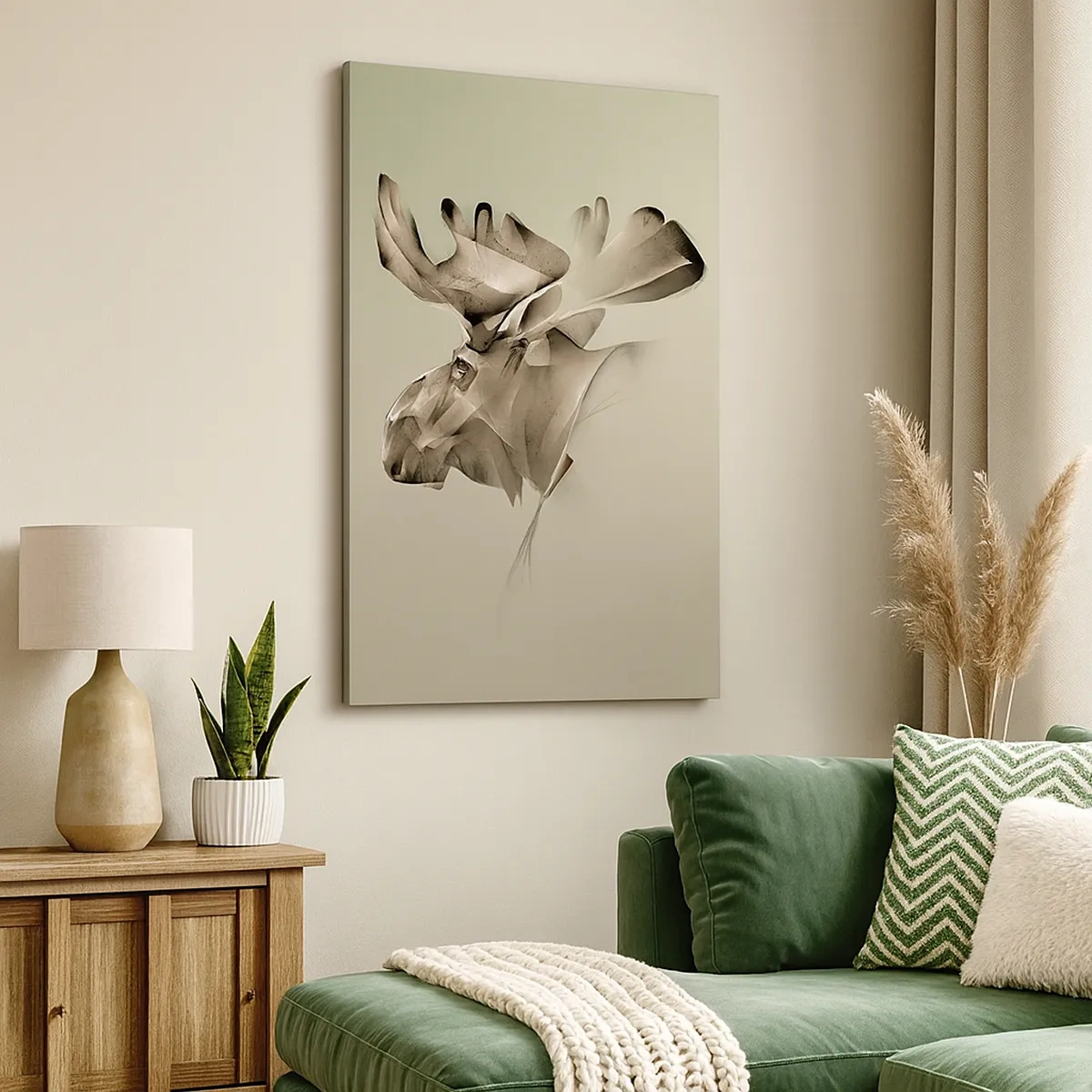 Obraz na płótnie - Abstrakcyjna ilustracja łosia w odcieniach beżu na jasnym tle - 50x70cm - Łagodna siła spokoju - Nowoczesna dekoracja ścienna do salonu, kuchni i sypialni ARTTOR