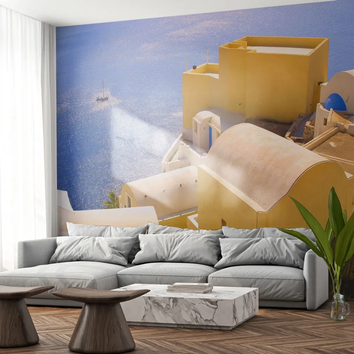 Fototapeta Premium Sand - Greckie budynki na tle błękitnego morza - 100x70cm - Grecki pejzaż w bieli i błękicie - Nowoczesna dekoracja ścienna do salonu, kuchni i sypialni ARTTOR