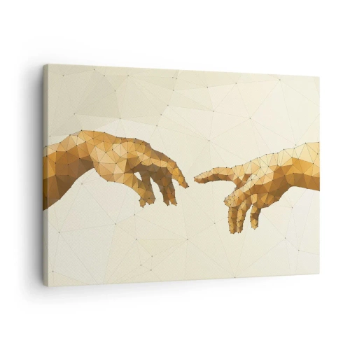 Obraz na płótnie - Geometryczne dłonie wyciągające się ku sobie na jasnym tle - 70x50cm - Boska geometria - Nowoczesna dekoracja ścienna do salonu i sypialni ARTTOR