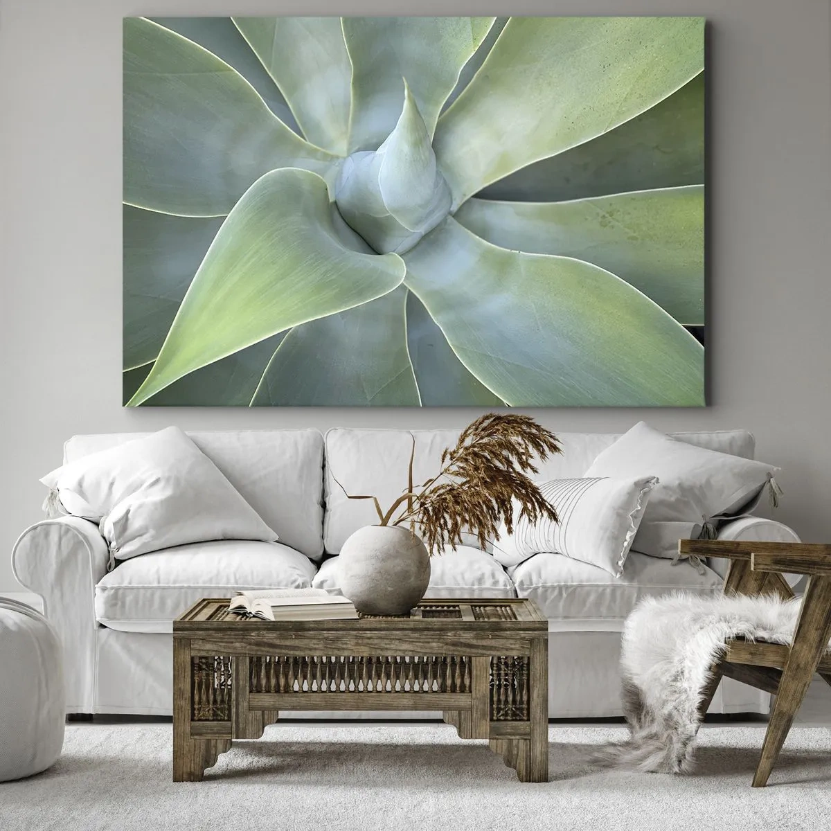 Obraz na płótnie - Subtelne liście agawy w odcieniach zieleni - 70x50cm - Narodziny zieleni - Nowoczesna dekoracja ścienna do salonu i sypialni ARTTOR