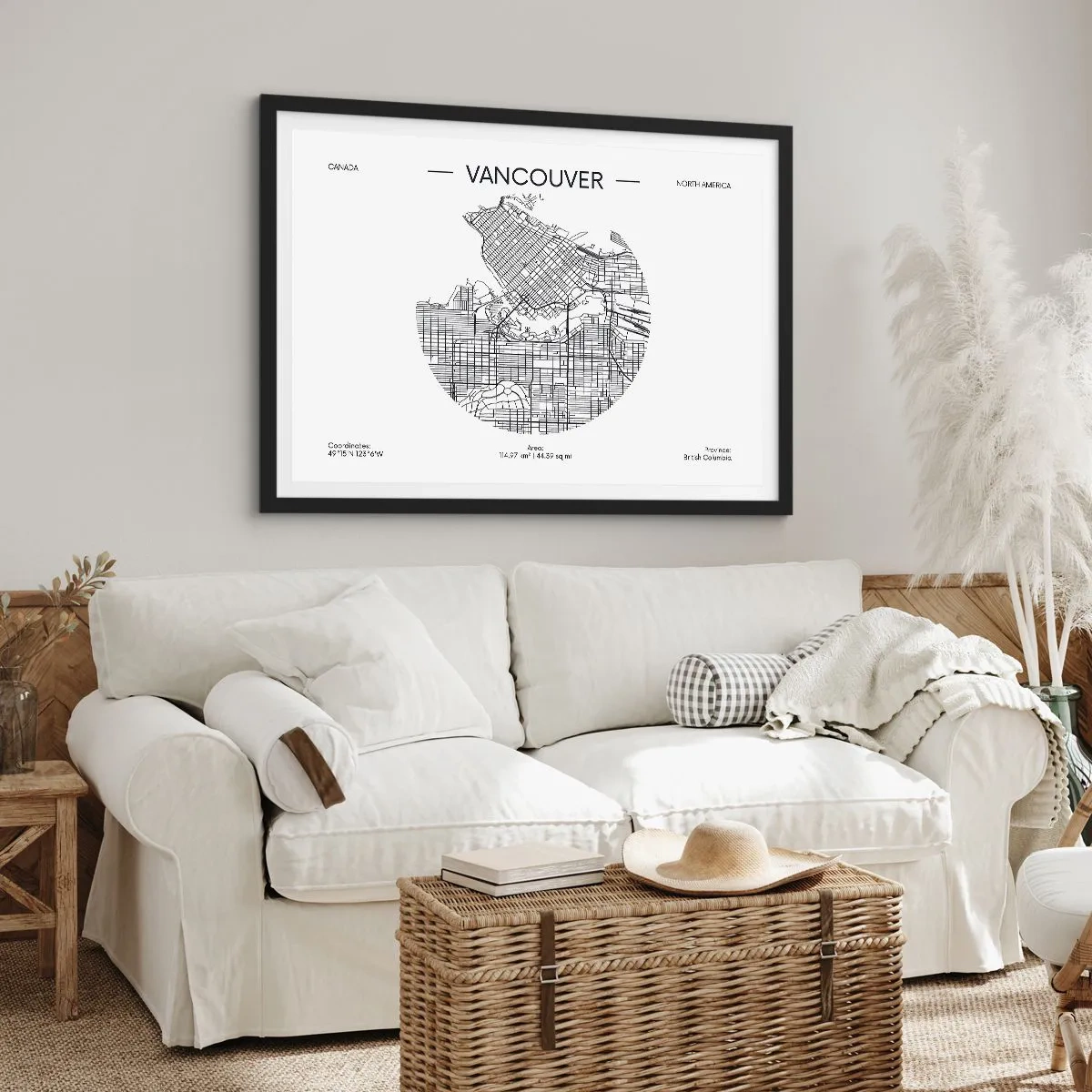Plakat w czarnej ramie - Mapa Vancouver w minimalistycznym, czarno-białym stylu - 70x50cm - Anatomia Vancouver - Nowoczesna dekoracja ścienna do salonu i sypialni ARTTOR