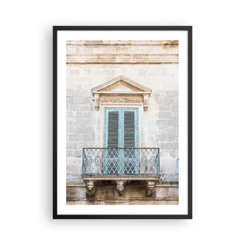 Plakat w czarnej ramie - Zabytkowy balkon z niebieskimi okiennicami w stylu śródziemnomorskim - 50x70cm - Niepowtarzalny urok Italii - Nowoczesna dekoracja ścienna do salonu i sypialni ARTTOR