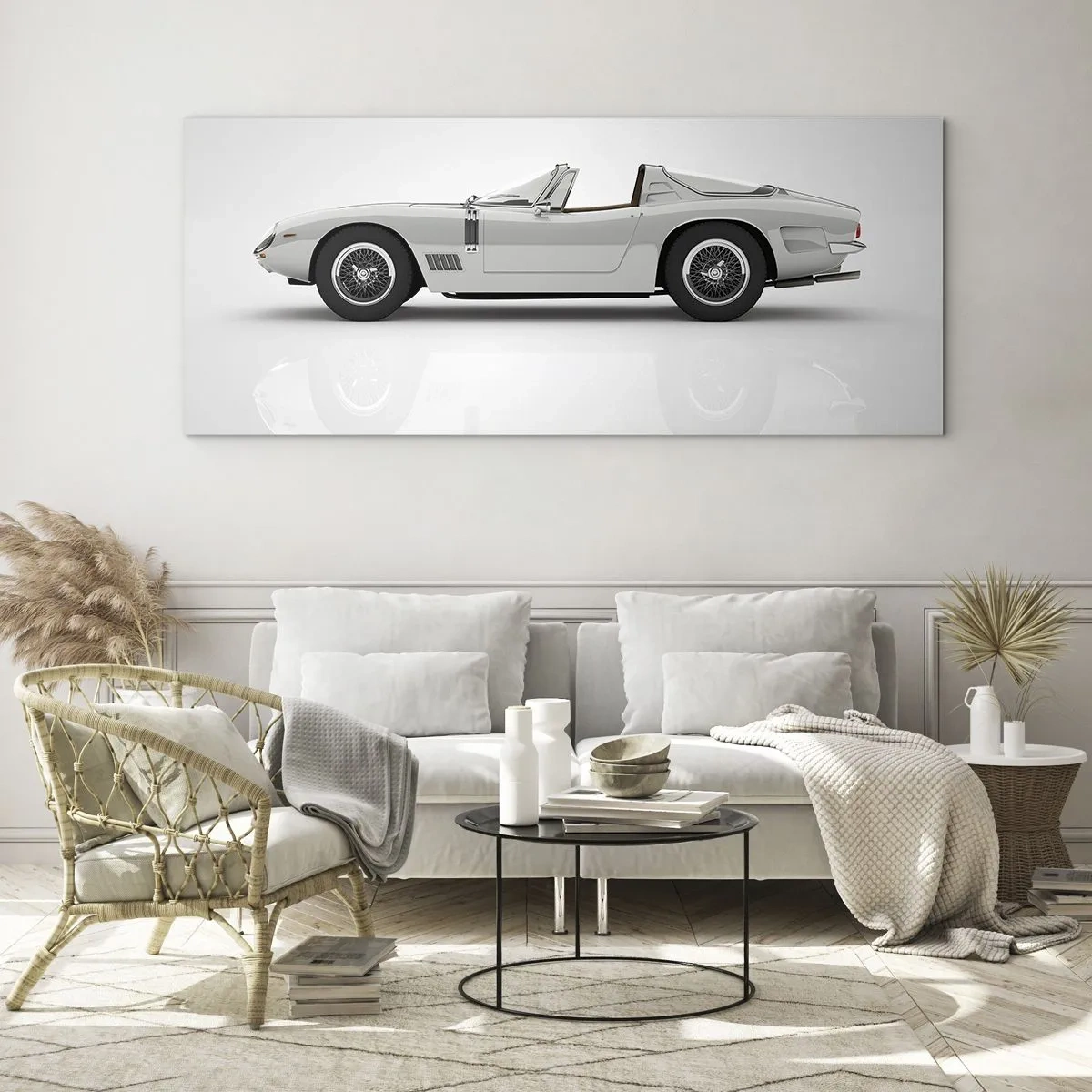 Obraz na szkle - Klasyczny biały kabriolet na jasnym tle - 120x50cm - Obietnica zabawy - Nowoczesna dekoracja ścienna do salonu i sypialni ARTTOR