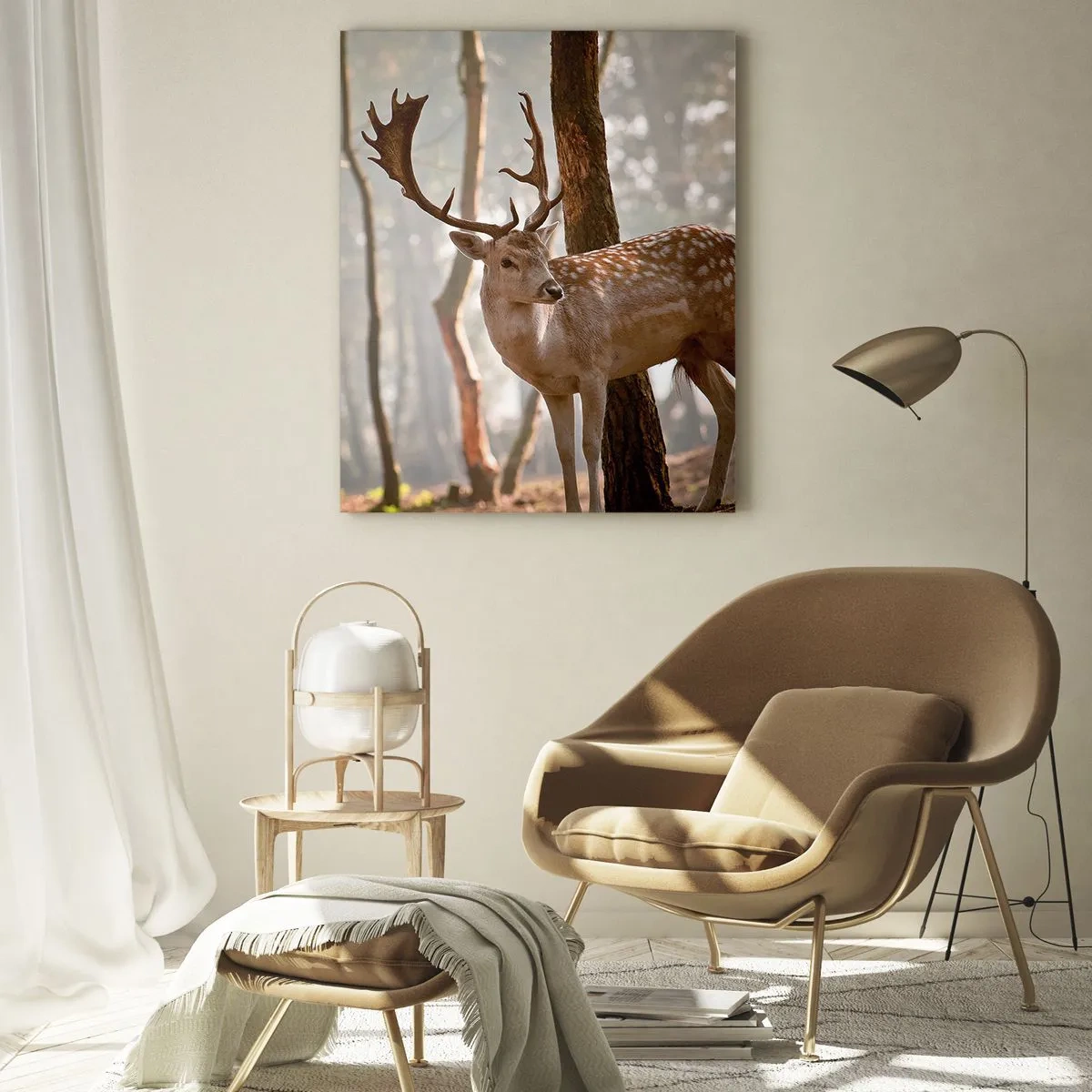 Obraz na szkle - Jeleń w lesie w porannej mgle - 70x100cm - Światło młodości - Nowoczesna dekoracja ścienna do salonu i sypialni ARTTOR