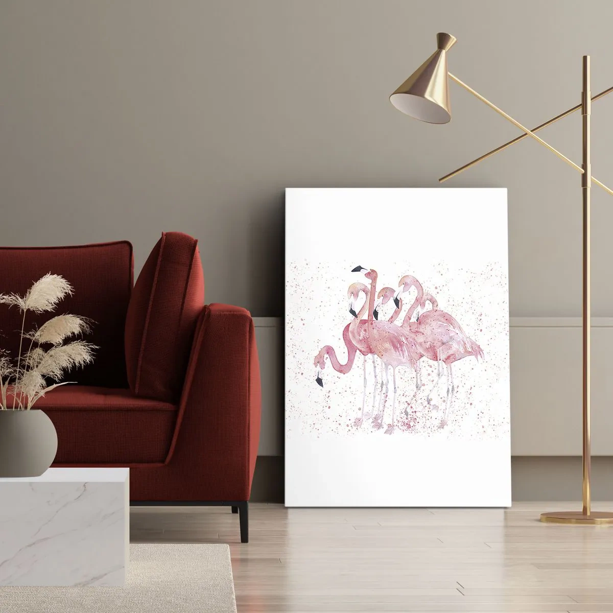 Obraz na płótnie - Cztery flamingi na białym tle, malowane w odcieniach różu - 50x70cm - Różowy ansambl - Nowoczesna dekoracja ścienna do salonu, kuchni i sypialni ARTTOR