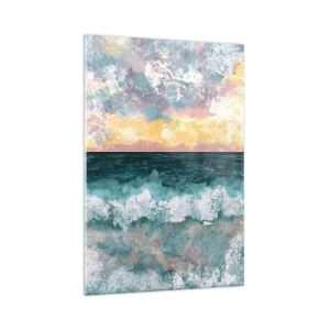 Obraz na szkle - Malowniczy zachód słońca nad wzburzonym oceanem w pastelowych barwach - 70x100cm - Woda, światło, powietrze - Nowoczesna dekoracja ścienna do salonu i sypialni ARTTOR