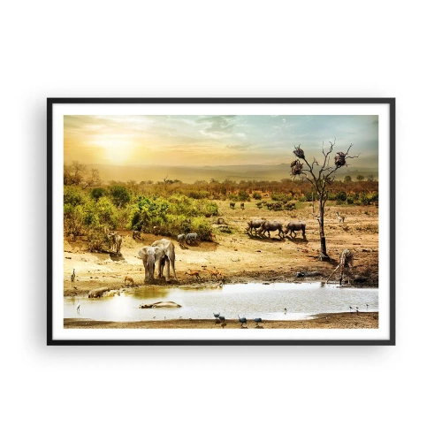 Plakat w czarnej ramie - Słonie i dzikie zwierzęta przy wodopoju o zachodzie słońca - 100x70cm - "Z Edenu zaś wypływała rzeka…" - Nowoczesna dekoracja ścienna do salonu i sypialni ARTTOR