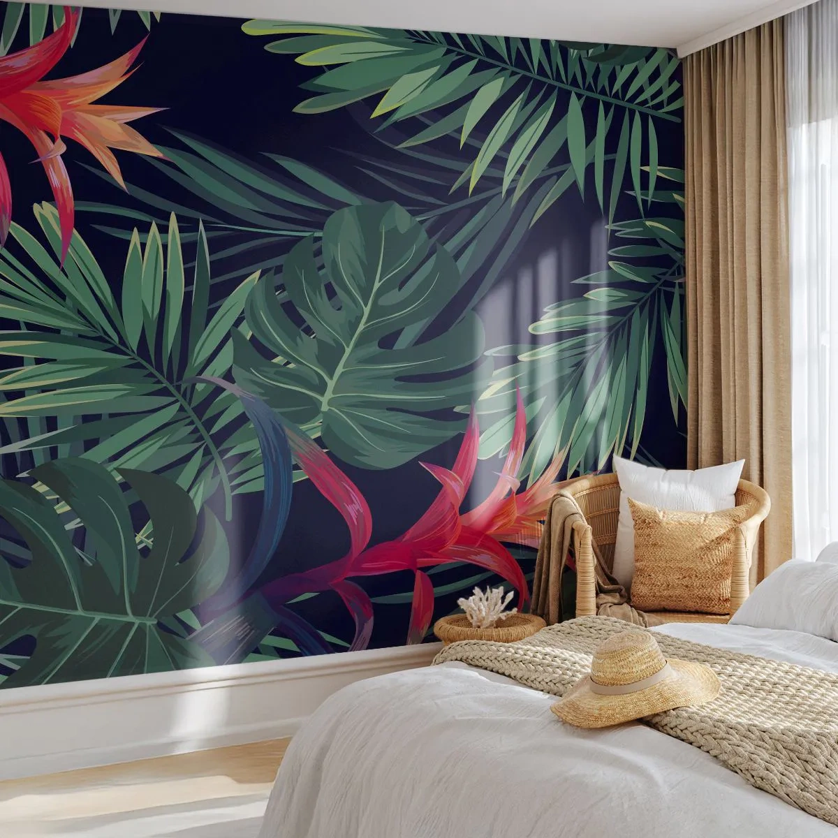 Fototapeta Premium Sand - Egzotyczne liście i kwiaty na ciemnym tle - 100x70cm - Zapłonąć w zieleni - Nowoczesna dekoracja ścienna do salonu, kuchni i sypialni ARTTOR