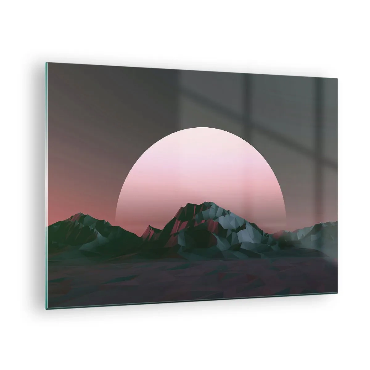 Obraz na szkle - Abstrakcyjny krajobraz z geometrycznymi górami i różowym słońcem - 70x50cm - W sąsiedniej galaktyce - Nowoczesna dekoracja ścienna do salonu i sypialni ARTTOR