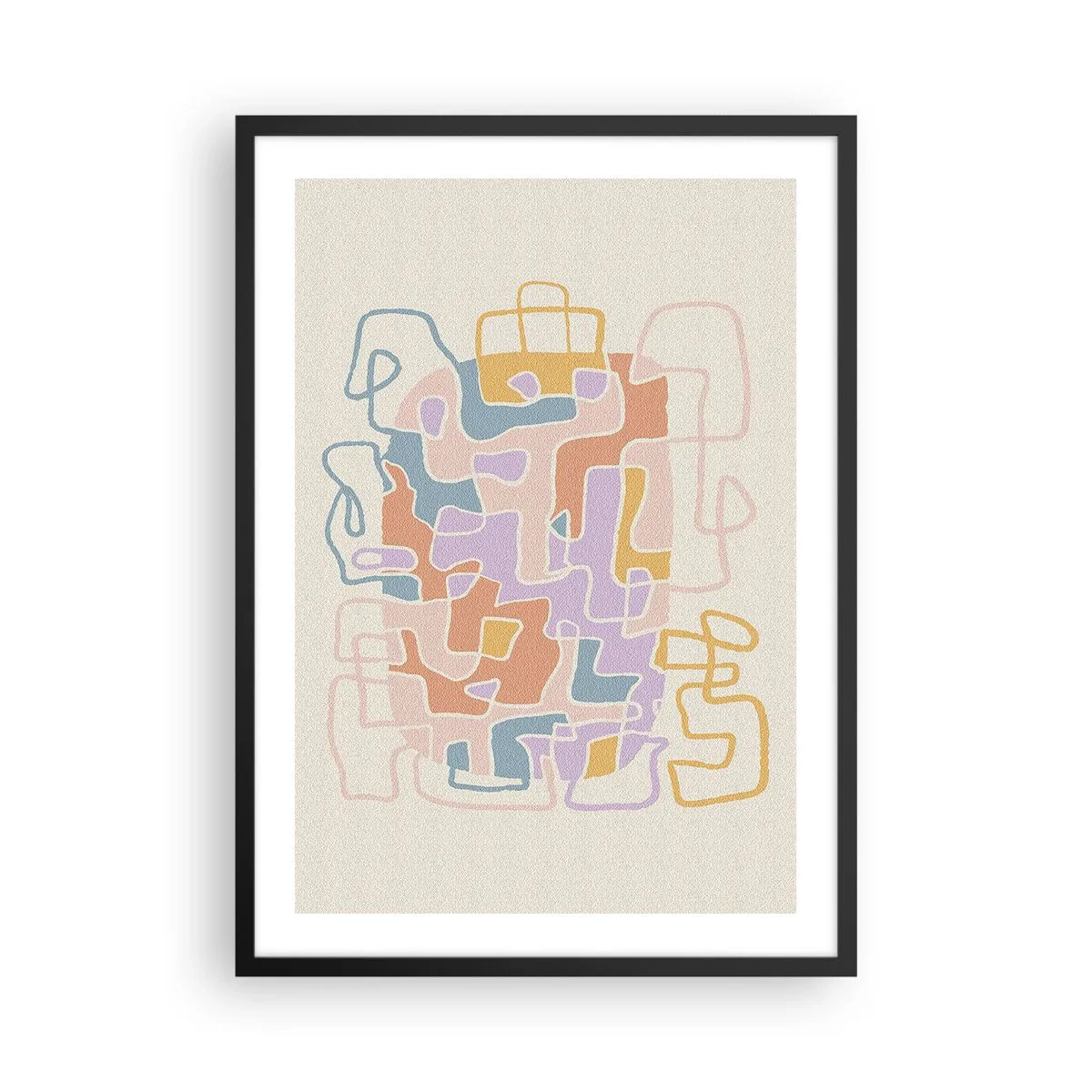 Plakat w czarnej ramie - Kolorowa abstrakcja z nieregularnymi liniami na jasnym tle - 50x70cm - Labirynt – radosna przygoda - Nowoczesna dekoracja ścienna do salonu i sypialni ARTTOR