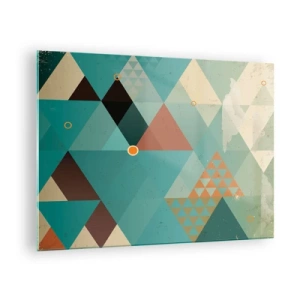 Obraz na szkle - Geometria w odcieniach turkusu i brązu z trójkątami - 70x50cm - Jedność wielości, wielość jedności - Nowoczesna dekoracja ścienna do salonu i sypialni ARTTOR
