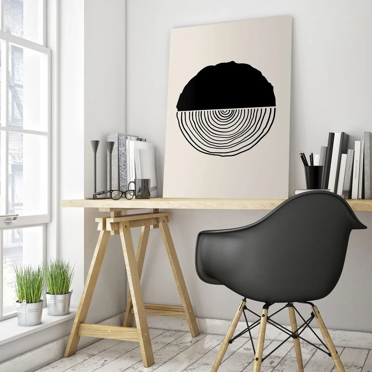 Obraz na szkle - Minimalistyczna grafika przekroju pnia drzewa w dwóch połowach - 50x70cm - Pół na pół - Nowoczesna dekoracja ścienna do salonu, kuchni i sypialni ARTTOR