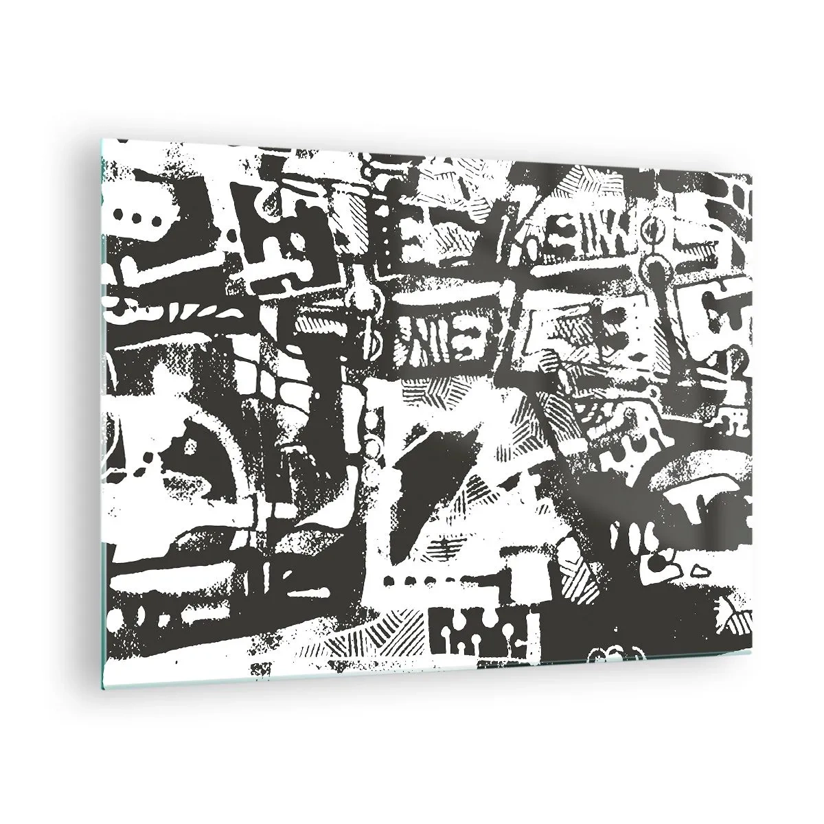 Obraz na szkle - Czarno-biała abstrakcja z geometrycznymi i technicznymi motywami - 70x50cm - Porządek czy chaos? - Nowoczesna dekoracja ścienna do salonu i sypialni ARTTOR