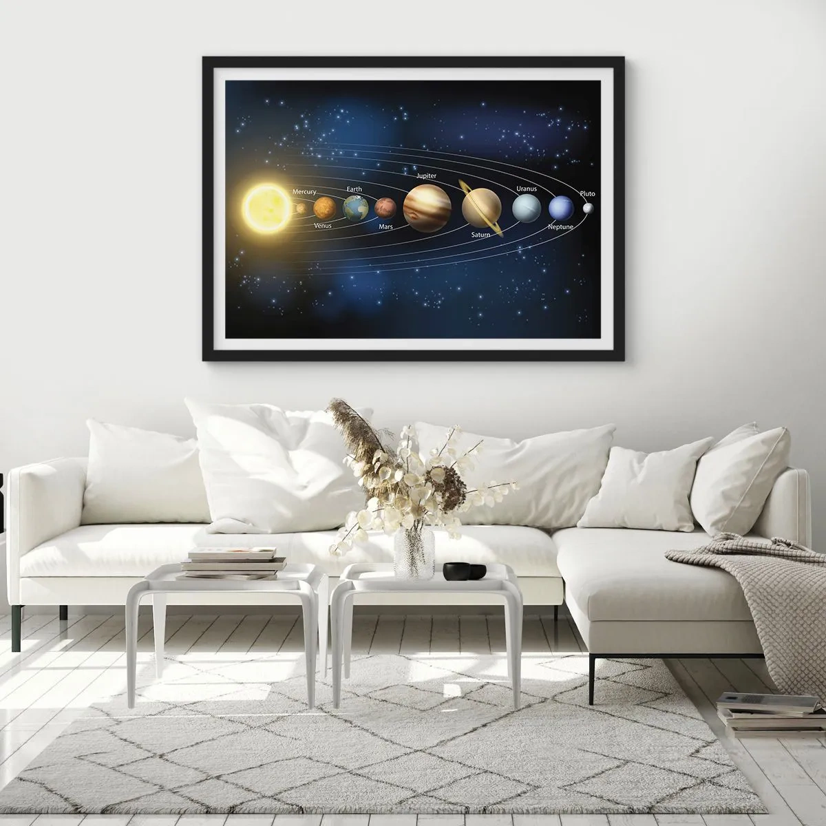 Plakat w czarnej ramie - Schemat układu słonecznego z planetami i słońcem - 70x50cm - Jedna z dziesięciu - Nowoczesna dekoracja ścienna do salonu i sypialni ARTTOR