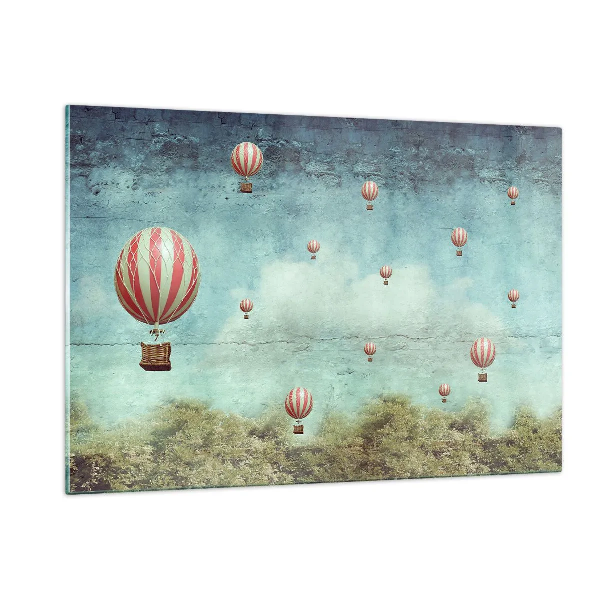 Obraz na szkle - Balony unoszące się nad zielonym krajobrazem - 120x80cm - Wolni od zgiełku życia - Nowoczesna dekoracja ścienna do salonu, kuchni i sypialni ARTTOR