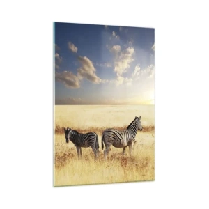 Obraz na szkle - Dwie zebry na sawannie w promieniach zachodzącego słońca - 80x120cm - Idź stąd, nie mąć spokoju - Nowoczesna dekoracja ścienna do salonu i sypialni ARTTOR