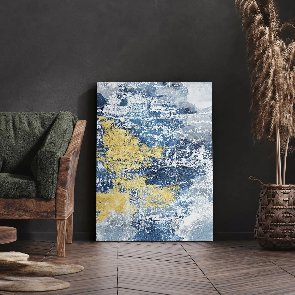 Obraz na płótnie - Abstrakcja w odcieniach niebieskiego i żółtego - 70x100cm - Abstrakcja pełna pogody - Nowoczesna dekoracja ścienna do salonu i sypialni ARTTOR
