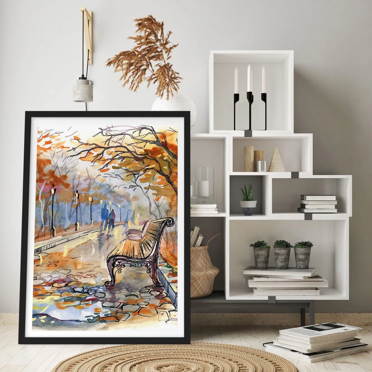 Plakat w czarnej ramie - Ławka w jesiennym parku, akwarela - 50x70cm - Razem powędrować w jesień - Nowoczesna dekoracja ścienna do salonu i sypialni ARTTOR