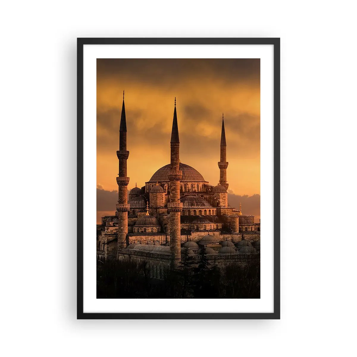 Plakat w czarnej ramie - Meczet o zachodzie słońca z ciepłymi barwami - 50x70cm - Bóg jest wielki - Nowoczesna dekoracja ścienna do salonu i sypialni ARTTOR