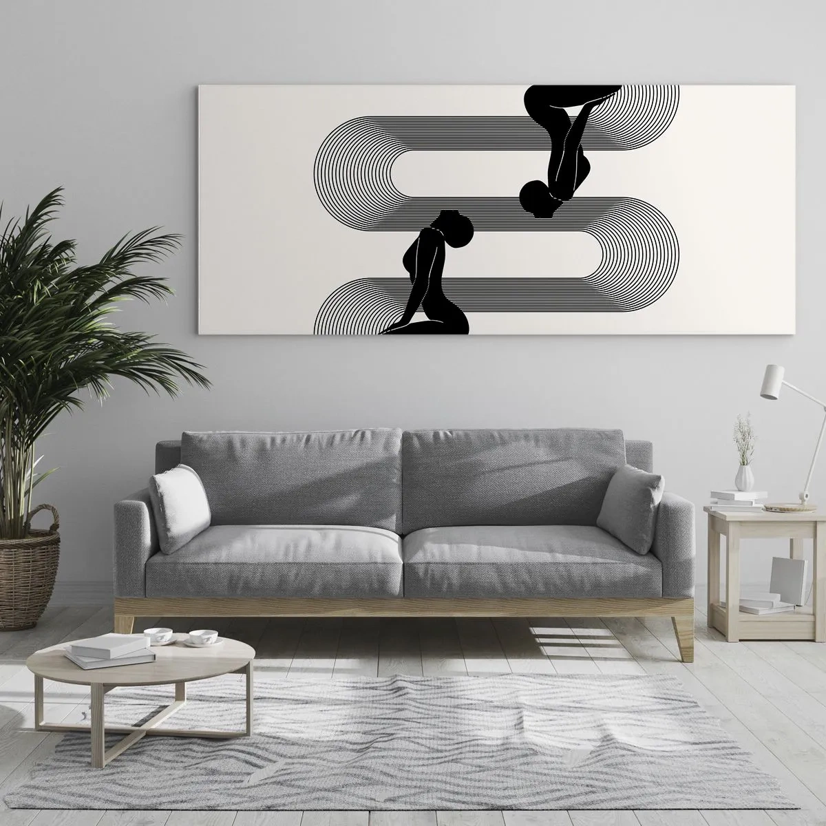 Obraz na szkle - Czarne sylwetki z geometrycznymi liniami na jasnym tle - 160x50cm - Zmysłowa symetria - Nowoczesna dekoracja ścienna do salonu i sypialni ARTTOR