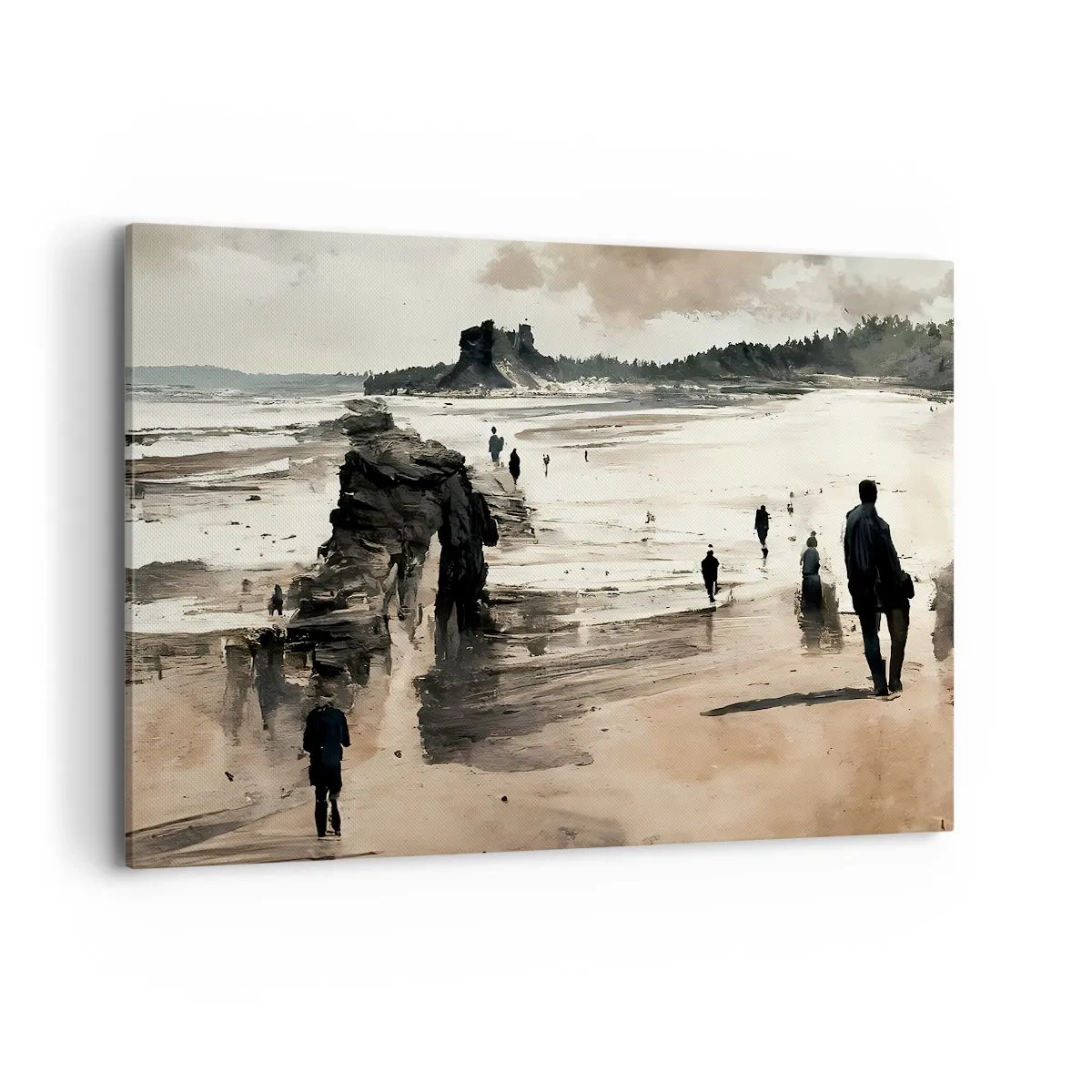 Obraz na płótnie - Spacerowicze na plaży w spokojnym pejzażu - 120x80cm - Przywołani - Nowoczesna dekoracja ścienna do salonu, kuchni i sypialni ARTTOR