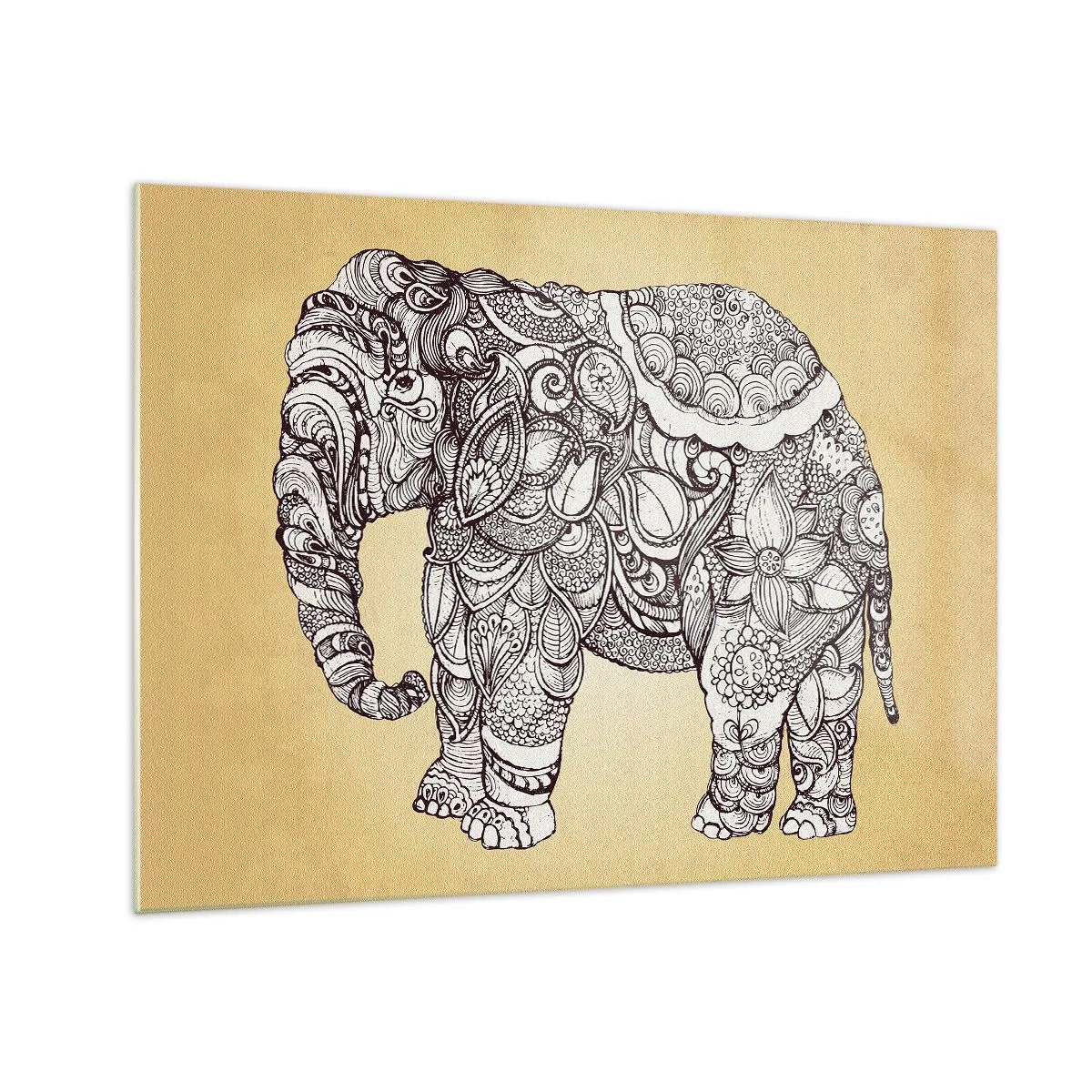 Obraz na szkle - Czarno-biały słoń w orientalne wzory na beżowym tle - 70x50cm - Słoń się zasłonił - Nowoczesna dekoracja ścienna do salonu i sypialni ARTTOR
