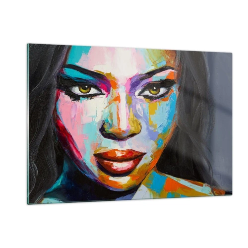 Obraz na szkle - Kolorowy portret kobiety w wyrazistym stylu - 120x80cm - Nie sposób oderwac oczu - Nowoczesna dekoracja ścienna do salonu, kuchni i sypialni ARTTOR