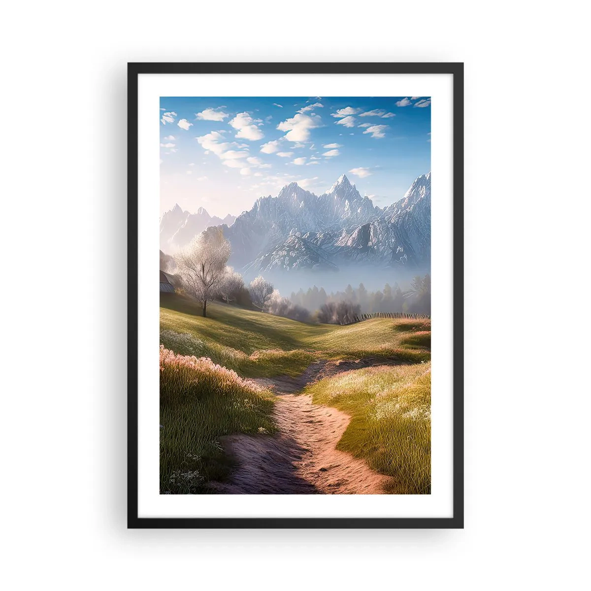 Plakat w czarnej ramie - Górska ścieżka prowadząca przez zieloną dolinę o wschodzie słońca - 50x70cm - Sielska dolina - Nowoczesna dekoracja ścienna do salonu i sypialni ARTTOR