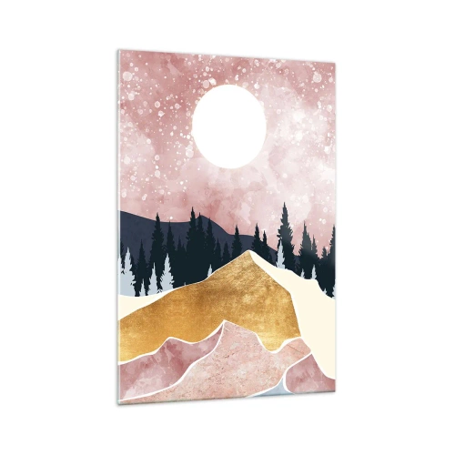 Obraz na szkle - Kolorowe góry na tle różowego nieba z księżycem - 70x100cm - Nocna straż - Nowoczesna dekoracja ścienna do salonu i sypialni ARTTOR