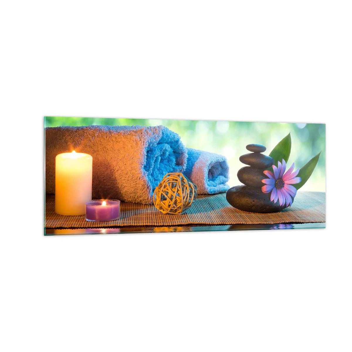 Obraz na szkle - Relaksacyjny zestaw SPA z ręcznikami, świecami i kamieniami - 140x50cm - Czas dla ciała - Nowoczesna dekoracja ścienna do salonu i sypialni ARTTOR