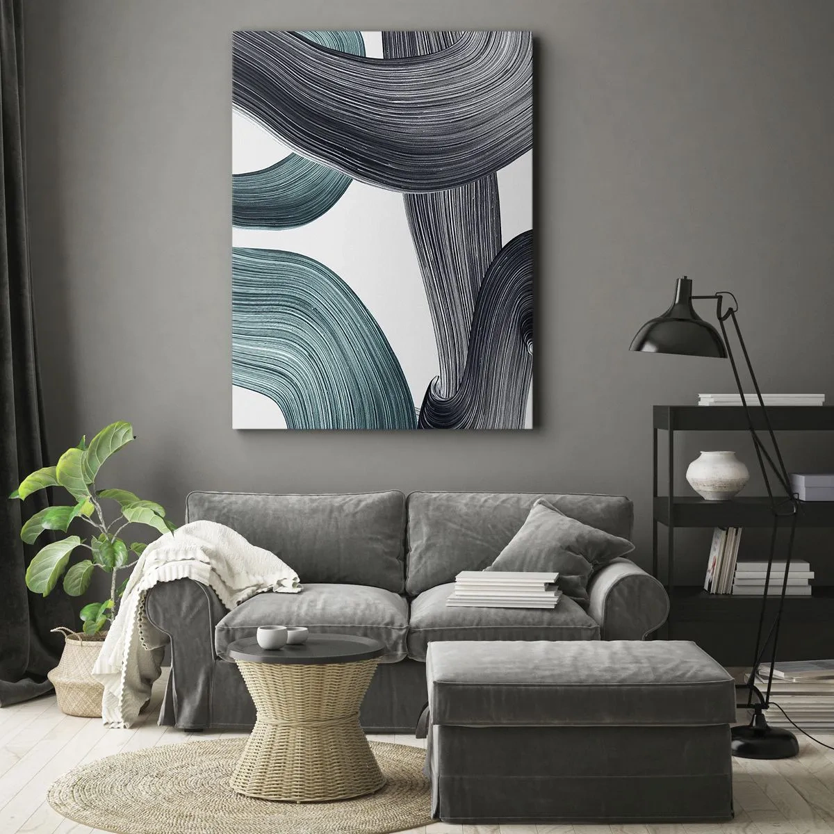 Obraz na płótnie - Dynamiczne, faliste linie w odcieniach szmaragdu i czerni - 50x70cm - Szmaragdowe i czarne szlaki - Nowoczesna dekoracja ścienna do salonu, kuchni i sypialni ARTTOR
