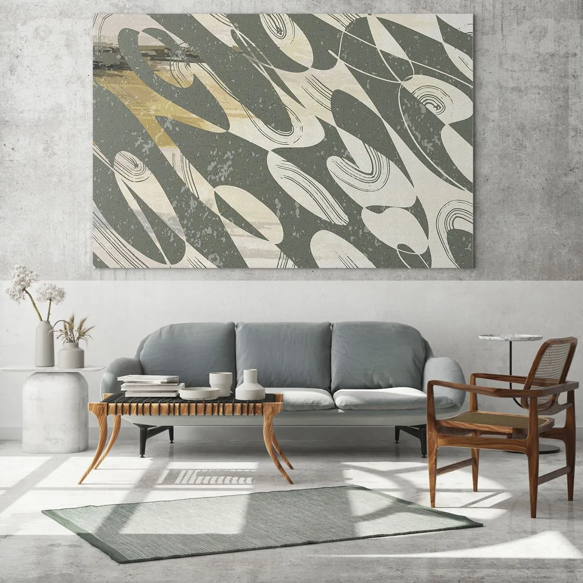 Obraz na szkle - Zielono-beżowa kompozycja z dynamicznymi formami organicznymi - 70x50cm - Abstrakcja zrytmizowana - Nowoczesna dekoracja ścienna do salonu i sypialni ARTTOR