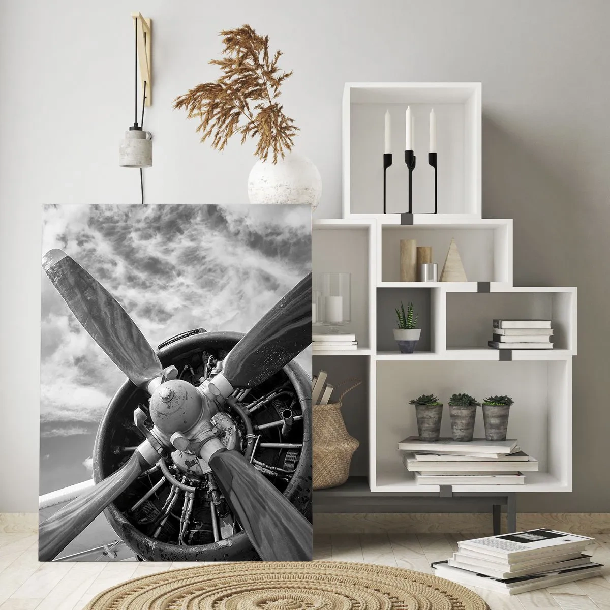 Obraz na szkle - Zbliżenie na śmigło samolotu w czarno-białej tonacji - 50x70cm - Pogromca przestworzy - Nowoczesna dekoracja ścienna do salonu, kuchni i sypialni ARTTOR