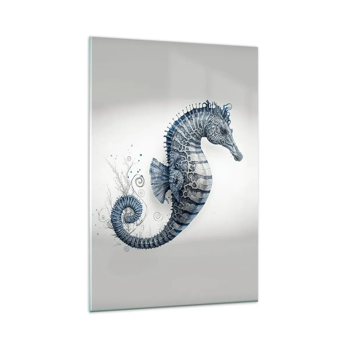 Obraz na szkle - Konik morski w odcieniach niebieskiego z detalami akwareli - 80x120cm - Subtelny żart natury - Nowoczesna dekoracja ścienna do salonu i sypialni ARTTOR