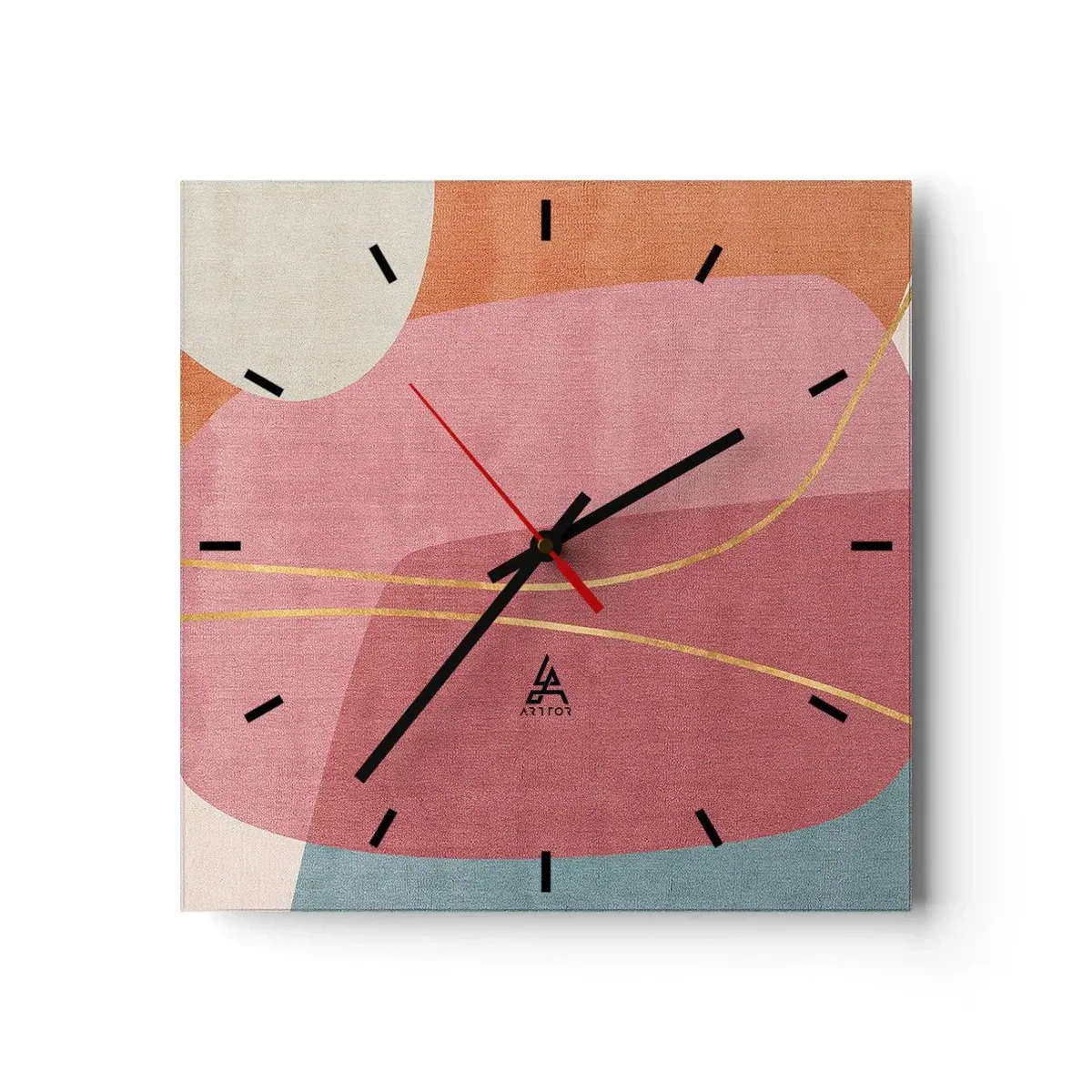 Zegar ścienny - Abstrakcyjne kształty w pastelowych kolorach z delikatnymi liniami - 30x30cm - Pastelowa kompozycja z nicią złota - Nowoczesna dekoracja ścienna do salonu i sypialni ARTTOR