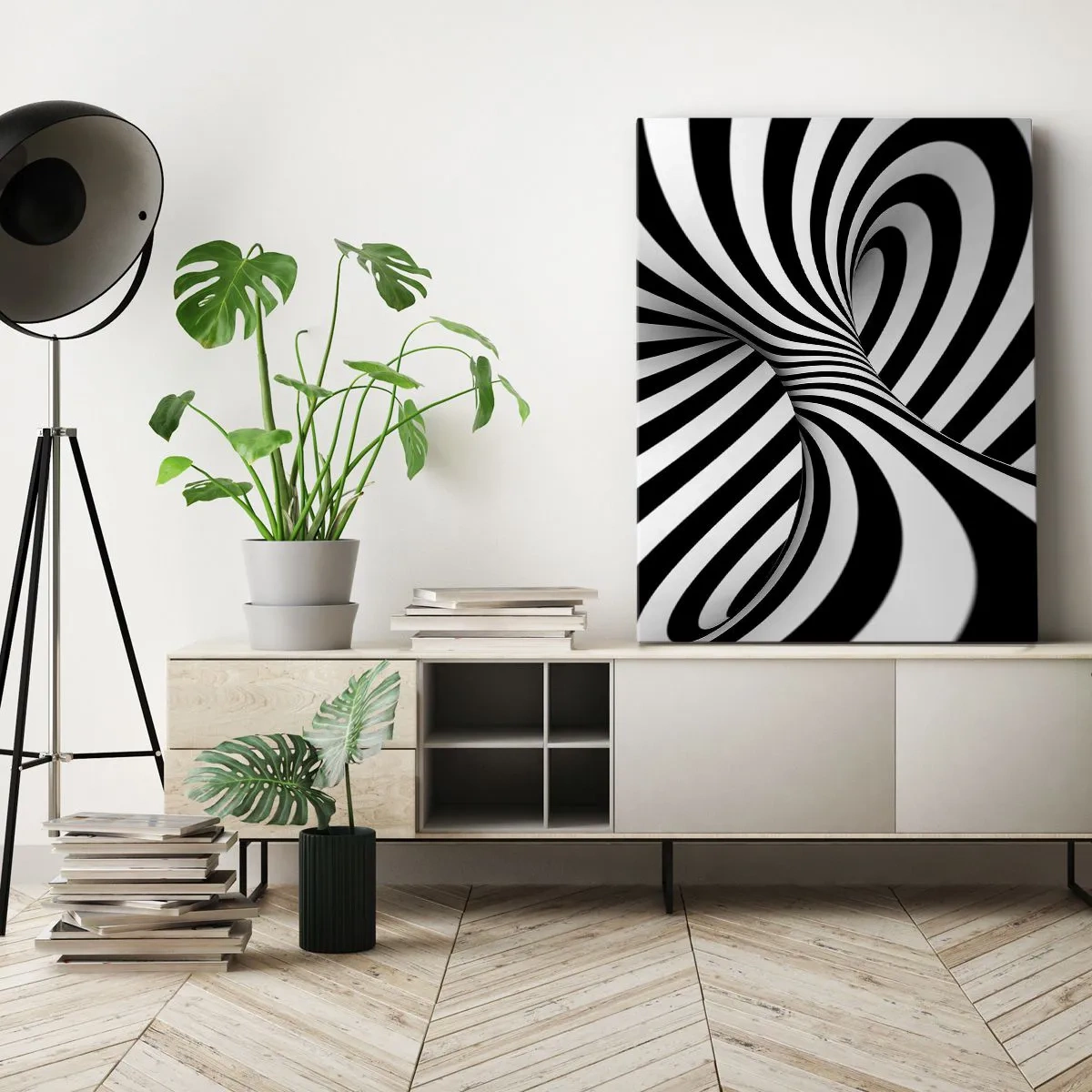 Obraz na płótnie - Czarno-biała spiralna abstrakcja - 50x70cm - Kompozycja: tańcząca przestrzeń - Nowoczesna dekoracja ścienna do salonu, kuchni i sypialni ARTTOR