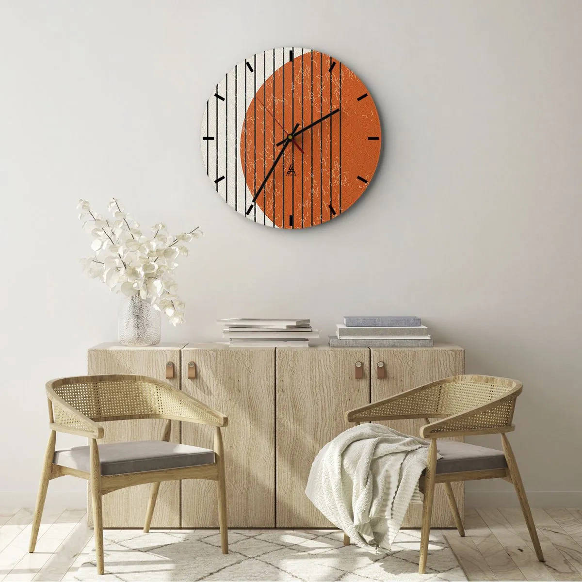 Zegar ścienny - Pomarańczowe koło i czarne linie na beżowym tle - 30x30cm - Zawsze słońce - Nowoczesna dekoracja ścienna do salonu, kuchni i sypialni ARTTOR