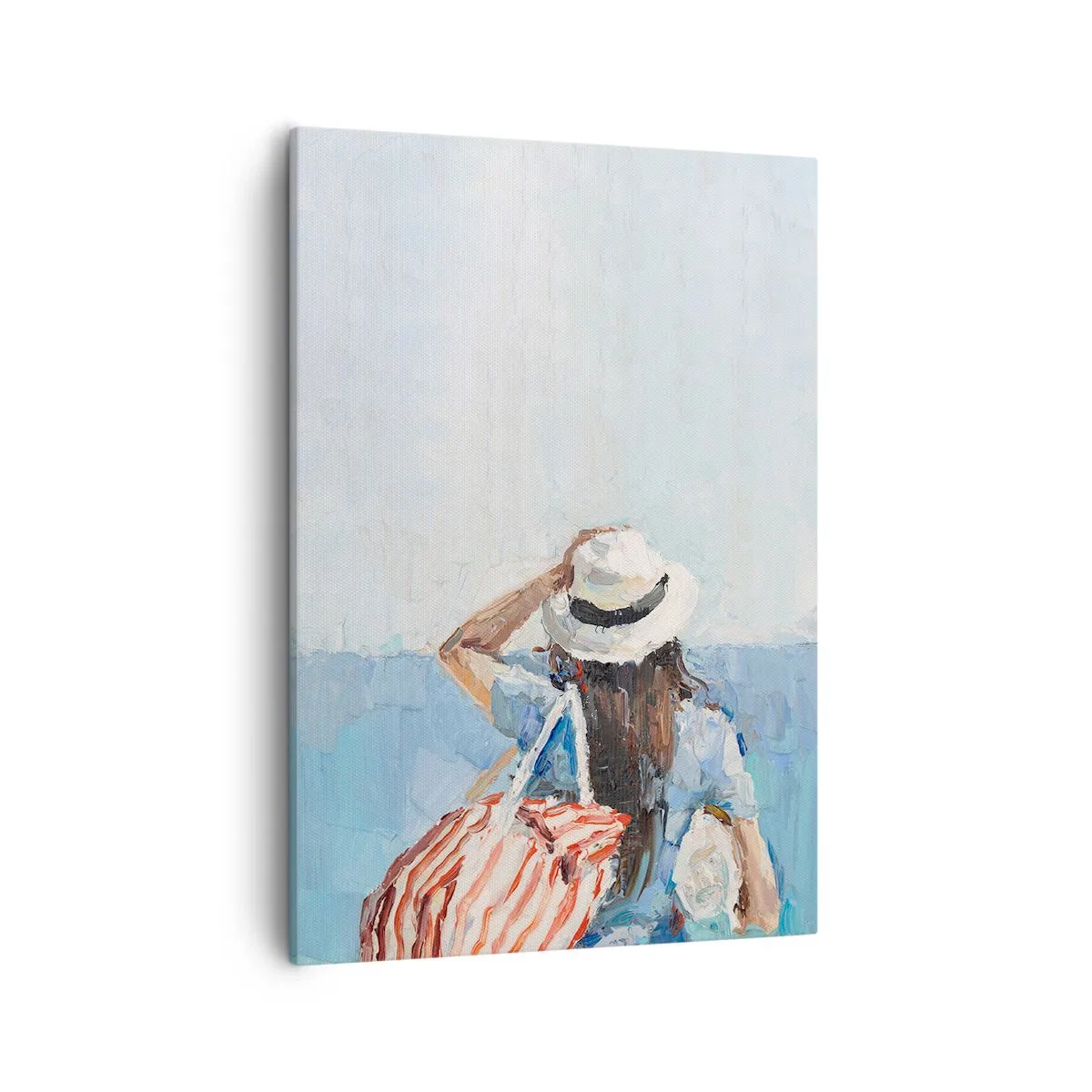Obraz na płótnie - Obraz w stylu impresjonistycznym przedstawiający kobietę nad morzem - 50x70cm - Witaj na wakacjach - Nowoczesna dekoracja ścienna do salonu, kuchni i sypialni ARTTOR
