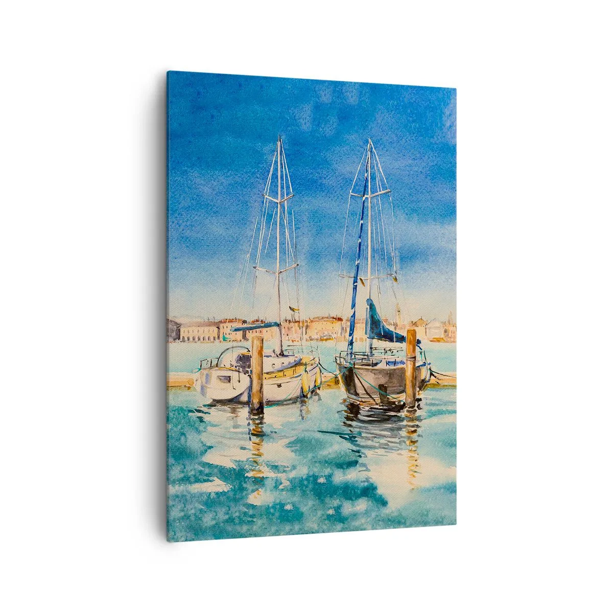 Obraz na płótnie - Marina z łodziami na tle błękitnej laguny - 70x100cm - Słoneczna laguna - Nowoczesna dekoracja ścienna do salonu i sypialni ARTTOR