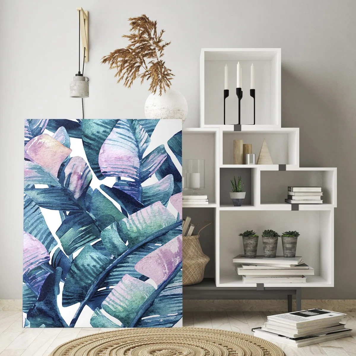 Obraz na szkle - Liście bananowca w odcieniach niebieskiego i różowego - 70x100cm - W bananowym gaju - Nowoczesna dekoracja ścienna do salonu i sypialni ARTTOR