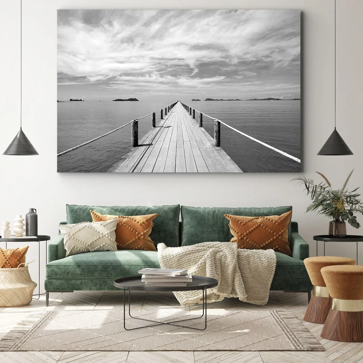 Obraz na płótnie - Drewniane molo prowadzące w dal nad spokojnym morzem - 70x50cm - A może podróż… - Nowoczesna dekoracja ścienna do salonu i sypialni ARTTOR