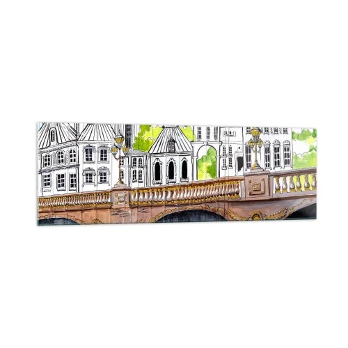 Obraz na szkle - Rysunek mostu i zabytkowej architektury miejskiej - 160x50cm - Miasto jak malowane - Nowoczesna dekoracja ścienna do salonu i sypialni ARTTOR