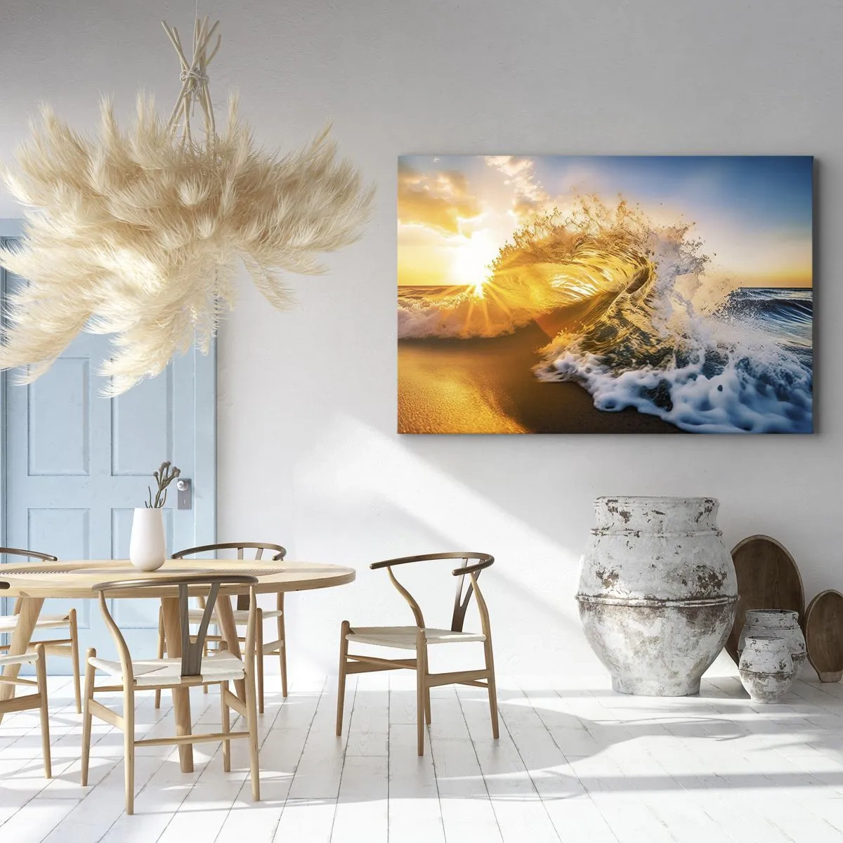 Obraz na płótnie - Złota fala na tle zachodzącego słońca - 120x80cm - Zabawa na piasku - Nowoczesna dekoracja ścienna do salonu, kuchni i sypialni ARTTOR