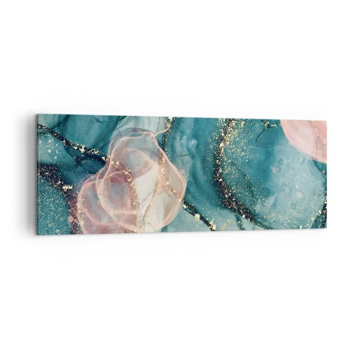 Obraz na płótnie - Abstrakcyjna kompozycja w odcieniach turkusu i złota - 140x50cm - Jedwabny błękit, tiulowy róż - Nowoczesna dekoracja ścienna do salonu i sypialni ARTTOR