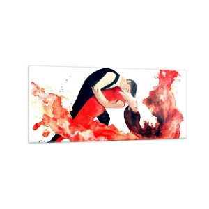 Obraz na szkle - Dynamiczna akwarela tańczącej pary w czerwonych barwach - 120x50cm - Tango - zmysłowa fala - Nowoczesna dekoracja ścienna do salonu i sypialni ARTTOR