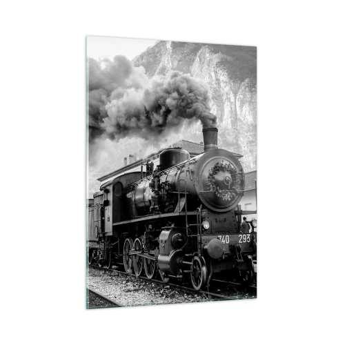 Obraz na szkle - Stary pociąg parowy w górskim krajobrazie - 50x70cm - Stoi na stacji… - Nowoczesna dekoracja ścienna do salonu, kuchni i sypialni ARTTOR